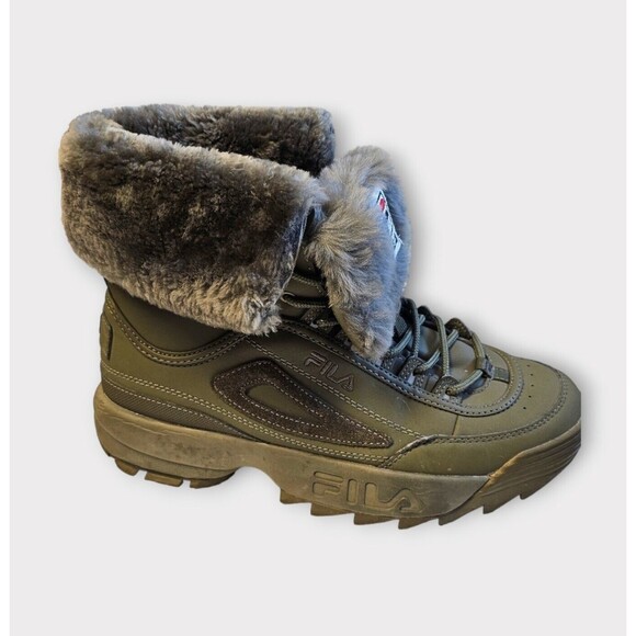 FILA Disruptor Comfy Shearling Boot Olive Green Leather Fur 9.5 Mens - Picture 8 of 16